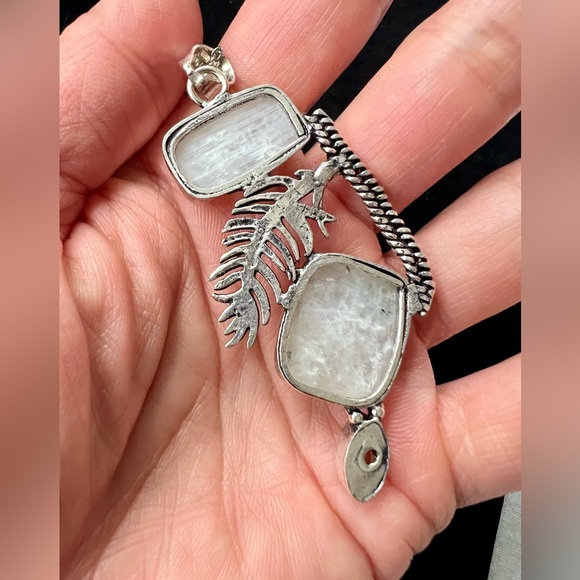 925 Double Rainbow Flash Moonstone Feather Pendant Necklace - Picture 6 of 7
